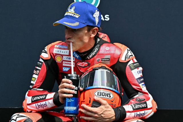 Ducati Lenovo Team's Spanish MotoGP rider Marc Marquez reacts after coming second place in the qualifying session of the MotoGP Malaysian Grand Prix at the Sepang International Circuit in Sepang on October 31, 2026. (Photo by MOHD RASFAN / AFP)