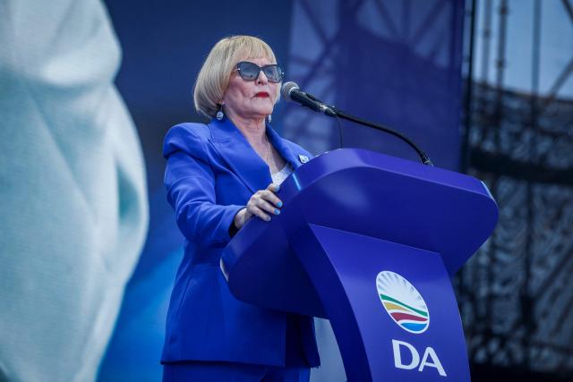 Helen Zille, the Democratic Alliance (DA)'s mayoral candidate for Johannesburg, delivers remarks during the party's final campaign rally ahead of the November 4 municipal elections in Mamelodi, east of Pretoria, on October 31, 2026. (Photo by Ilaria Finizio / AFP)