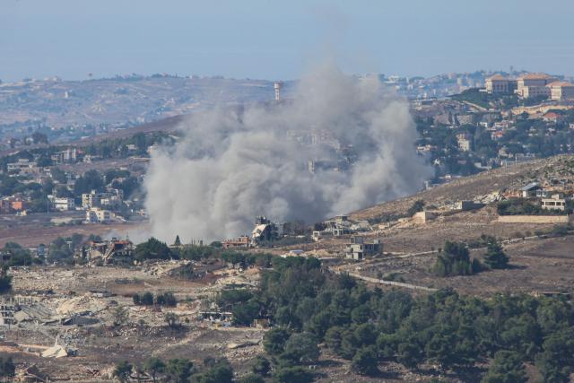 This picture taken from the southern Lebanese area of Marjayoun shows smoke rising from a site targeted by an Israeli airstrike in the Kfar Tibnit village on October 31, 2026. (Photo by AFP) / 