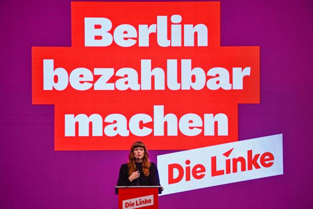Chairwoman of the left-wing Die Linke party in Berlin Kerstin Wolter speaks during the extraordinary party convention on forming a government following elections in Berlin October 31, 2026. Germany's far-left Die Linke party scored a historic election win in Berlin in September 2026, but its path to power in the city-state has been complicated by its stance on the Israel-Palestinian conflict. Since its ballot box triumph, it has been accused of tolerating "Israel hate" and antisemitism in its ranks -- but also taken heat from members who say it is selling out its pro-Palestinian stance in pursuit of a governing coalition. (Photo by John MACDOUGALL / AFP)