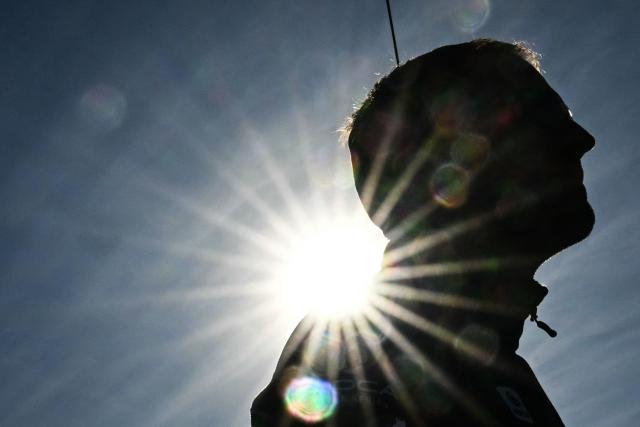 British sailor Sam Goodchild looks on aboard his "Macif Sante Prevoyance" IMOCA Class as he prepares to pass through the Naye lock of Saint-Malo's harbour, to moor off the coast of Saint-Malo northwestern France on October 31, 2026 on the eve of the start of the Route du Rhum solo sailing race from Saint-Malo, to Pointe-a-Pitre in the French overseas island of Guadeloupe. (Photo by Loic VENANCE / AFP)