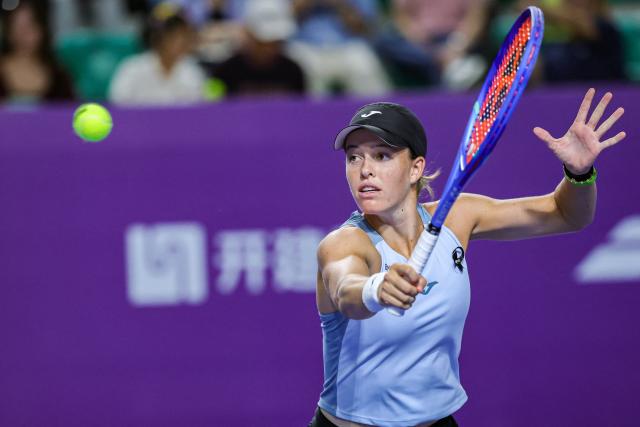 Spain's Kaitlin Quevedo hits a return to Austria's Lilli Tagger during their women's singles semi-final match at the Guangzhou Open tennis tournament in Guangzhou, China's southern Guangdong province on October 31, 2026. (Photo by CN-STR / AFP) / China OUT