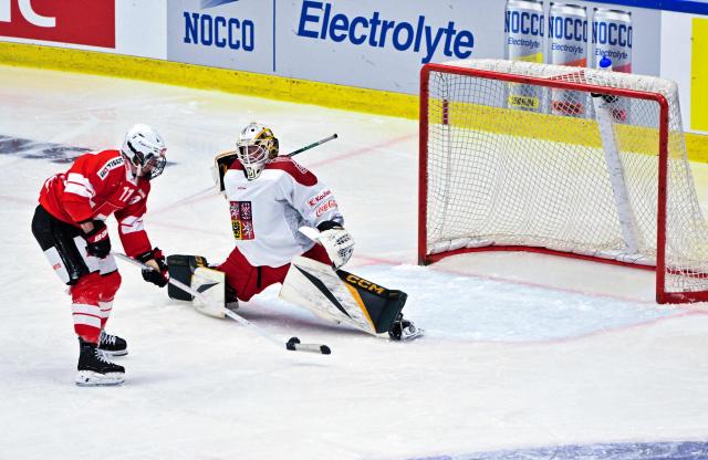 Switzerland's Laura Zimmerman vies with Czech Republic's goalie Aneta Senkova during the Women's "Euro Ice Hockey Tour" ice hockey match between Switzerland and Czech Republic at Scaniarinken in Sodertalje, Sweden on October 31, 2026. (Photo by Viktoria BANK / TT News Agency / AFP) / Sweden OUT