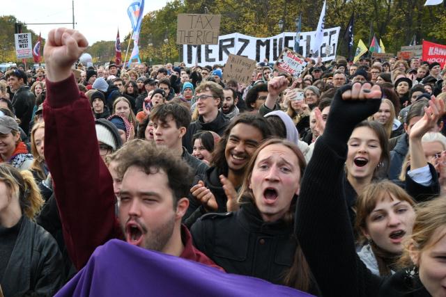 People shout as they attend a demonstration organised by "GenZ regelt!" (Gen Z has got this!) in Berlin on October 31, 2026. The German demonstrations have been inspired by similar movements across Europe, including in France and Italy, which have seen young protesters voice anger at political elites whom they accuse of ignoring their concerns. (Photo by RALF HIRSCHBERGER / AFP)