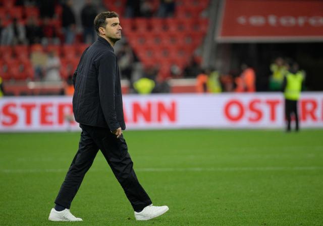 Bayer Leverkusen's Spanish head coach Carles Martinez reacts after the German first division Bundesliga football match between Bayer Leverkusen and VfB Stuttgart in Leverkusen, western Germany, on October 31, 2026. (Photo by Sascha Schuermann / AFP) / DFL REGULATIONS PROHIBIT ANY USE OF PHOTOGRAPHS AS IMAGE SEQUENCES AND/OR QUASI-VIDEO