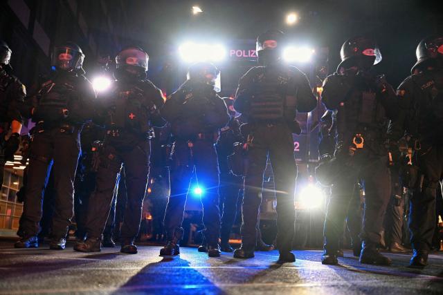 Riot Police block the street after a demonstration organised by "GenZ regelt!" (Gen Z has got this!) in Frankfurt am Mian on October 31, 2026. The German demonstrations have been inspired by similar movements across Europe, including in France and Italy, which have seen young protesters voice anger at political elites whom they accuse of ignoring their concerns. (Photo by Kirill KUDRYAVTSEV / AFP)