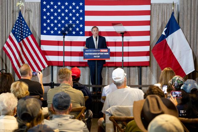 Republican candidate for US Senate Ken Paxton speaks during a midterm campaign rally at Cullen Yards in Fort Worth, Texas on October 31, 2026. Paxton is locked in a tight race with Democratic candidate James Talarico for a US Senate seat, as Democrats seek to flip four seats nationwide to gain control of the chamber. (Photo by Ricardo ARDUENGO / AFP)