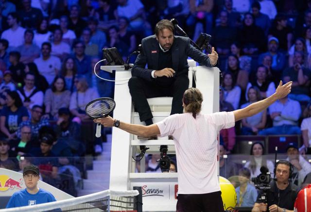 Germany's Alexander Zverev argues with the umpire while playing agianst Australia’s Alex de Minaur (not pictured) during the semi-final match at the Erste Bank Open 2026 ATP 500 tennis tournament in Vienna, Austria, on October 31, 2026. (Photo by Joe Klamar / AFP)