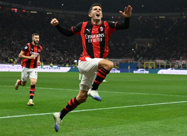 AC Milan's US forward #11 Christian Pulisic celebrates after scoring his team's first goal during the Italian Serie A football match between AC Milan and Inter Milan at the San Siro (Giuseppe Meazza) stadium in Milan, on October 31, 2026. (Photo by Stefano Rellandini / AFP)