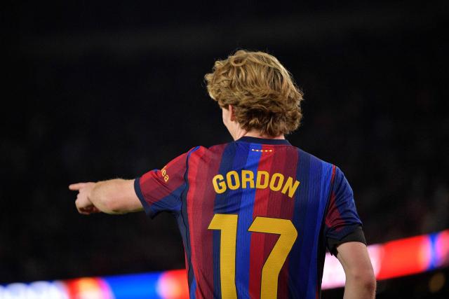 Barcelona's English forward #17 Anthony Gordon celebrates scoring his team's sixth goal during the Spanish league football match between FC Barcelona and Deportivo Alaves at Camp Nou stadium in Barcelona on October 31, 2026. (Photo by MANAURE QUINTERO / AFP)