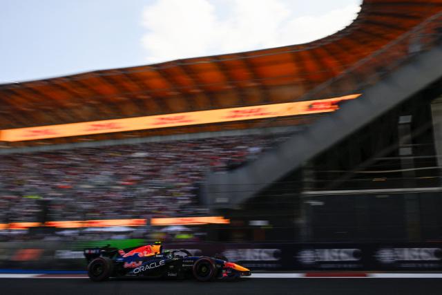 Red Bull Racing's French driver Isack Hadjar races during the Mexico City Formula One Grand Prix qualifying session at the Hermanos Rodriguez racetrack in Mexico City on October 31, 2026. (Photo by Alfredo ESTRELLA / AFP)