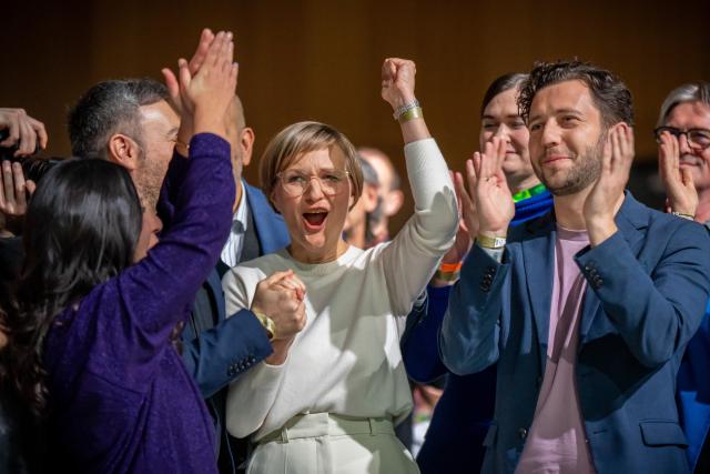 16 November 2024, Hesse, Wiesbaden: Franziska Brantner, new federal chairperson of Alliance90/The Greens, cheers after her election alongside Felix Banaszak, designated federal chairperson of Alliance90/The Greens, at the Greens' federal delegates' conference. Delegates elected Brantner as new co-chair of the German Green Party at the conference. Photo: Michael Kappeler/dpa