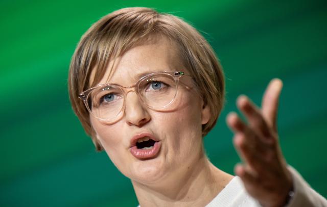 16 November 2024, Hesse, Wiesbaden: Franziska Brantner, designated federal chairwoman of Alliance90/The Greens, speaks at the Greens' federal delegates' conference. Delegates elected Brantner as new co-chair of the German Green Party at the conference. Photo: Michael Kappeler/dpa