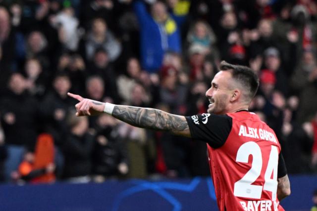 26 November 2024, North Rhine-Westphalia, Leverkusen: Leverkusen's Aleix Garcia celebrates scoring his side's fifth goal during the UEFA Champions League soccer match between Bayer Leverkusen and RB Salzburg at BayArena. Photo: Federico Gambarini/dpa