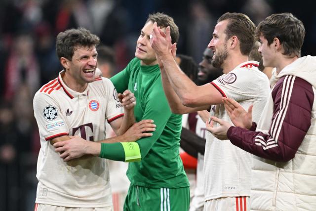 26 November 2024, Bavaria, Munich: (L-R) Munich's Thomas Mueller, goalkeeper Manuel Neuer and Harry Kane celebrate after the UEFA Champions League soccer match between FC Bayern Munich and Paris Saint-Germain at the Allianz Arena. Photo: Sven Hoppe/dpa