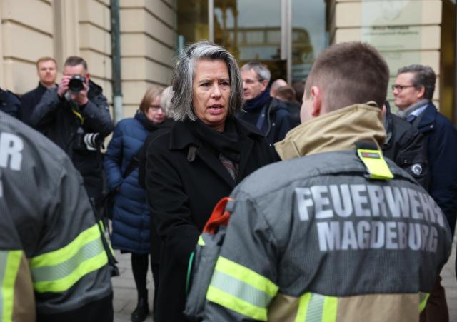 21 December 2024, Saxony-Anhalt, Magdeburg: Tamara Zieschang, Minister of the Interior and Sport of Saxony-Anhalt, visits the scene of the fatal attack at the Magdeburg Christmas market and thanks the fire department. The evening before, a driver drove into a group of people at the market, resulting in several fatalities and injuries. Photo: Jan Woitas/dpa