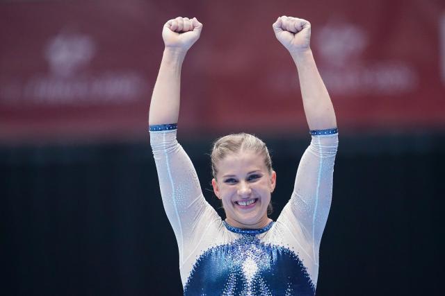 FILED - 09 June 2024, Hesse, Frankfurt_Main: Elisabeth Seitz celebrates her victory after the women's uneven bars competition of the German gymnastics Championship at Suewag Energie Arena. Seitz is the first active German gymnast to call for a reappraisal of abuse allegations at the Stuttgart training centre and for change in the sport. Photo: Uwe Anspach/dpa