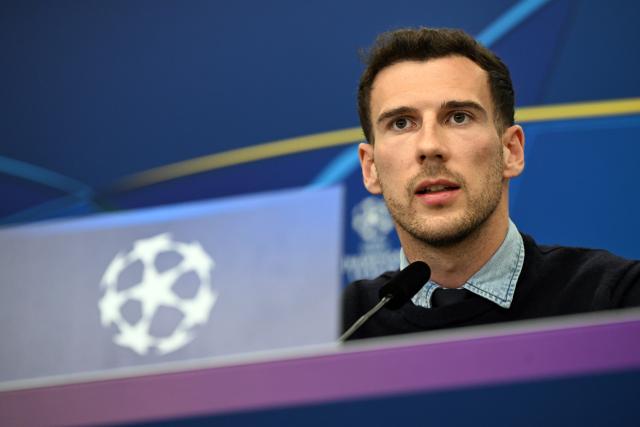 10 March 2025, North Rhine-Westphalia, Leverkusen: Bayern Munich's Leon Goretzka speaks during the team's press conference ahead of Tuesday's UEFA Champions League soccer match against Bayer Leverkusen at the BayArena. Photo: Federico Gambarini/dpa