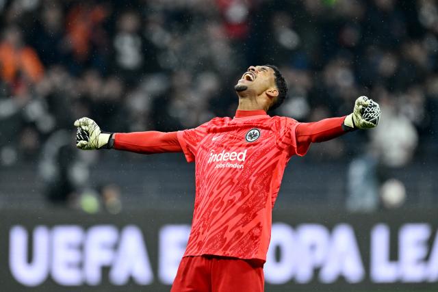 13 March 2025, Hesse, Frankfurt/M.: Frankfurt goalkeeper Kaua Santos celebrates after the UEFA Europa League soccer match between Eintracht Frankfurt and Ajax Amsterdam at Deutsche Bank Park. Photo: Uwe Anspach/dpa