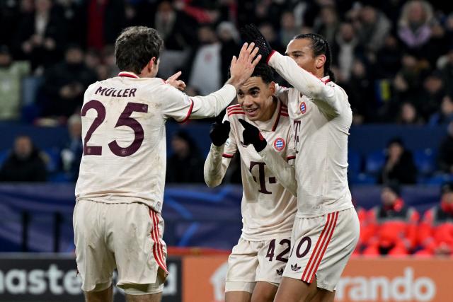 FILED - 10 December 2024, North Rhine-Westphalia, Gelsenkirchen: Munich's Thomas Mueller (L) celebrates scoring his side's second goal with teammates Jamal Musiala (C) and Leroy Sane during the UEFA Champions League soccer match between Shakhtar Donetsk and FC Bayern Munich at Veltins Arena.  After contract extensions for Jamal Musiala, Alphonso Davies, Manuel Neuer and most recently Joshua Kimmich, Bayern Munich say they can now look at new deals for other players.
In what fans may see as an apparent slight at one-club veteran Thomas Müller, winger Leroy Sané and defender Eric Dier, head of sport Max Eberl told reporters on Friday, "We got the key players done first." Photo: David Inderlied/dpa