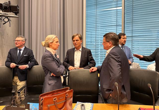 24 March 2025, Berlin: Alice Weidel (Center L), leader of the Alternative for Germany (AfD) parliamentary group, Bernd Baumann (C), first Parliamentary Secretary of the AfD, and Stephan Brandner (Center R), deputy leader of the AfD, talk before the start of an AfD parliamentary group meeting on the eve of the constituent session of the newly elected German Bundestag. Photo: Jörg Ratzsch/dpa