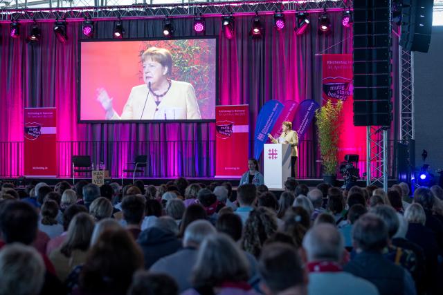 01 May 2025, Lower Saxony, Hanover: Former German Chancellor Angela Merkel speaks at the 39th German Protestant Church Congress. Photo: Moritz Frankenberg/dpa