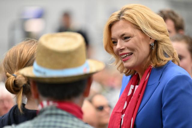 03 May 2025, Lower Saxony, Hanover: Bundestag President Julia Kloeckner speaks with guests at the German Protestant Church Congress 2025. Photo: Swen Pförtner/dpa