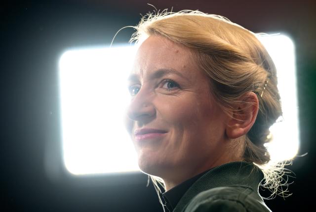 10 May 2025, Saxony, Chemnitz: Ines Schwerdtner, party chairwoman of Die Linke (The Left), speaks at the federal party conference in Chemnitz. A key motion titled "We are the hope" is being discussed, with the party aiming to succeed in the upcoming local and state elections and grow its membership to 150,000 within four years. Photo: Hendrik Schmidt/dpa