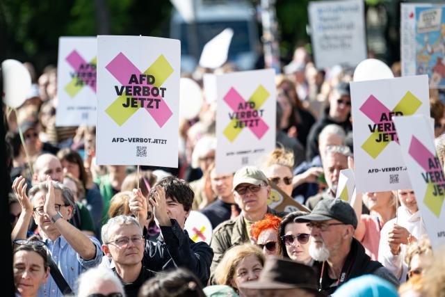 11 May 2025, Berlin: People hold up signs reading "AfD ban now" during a rally at the Brandenburg Gate as part of the nationwide day of action "No more excuses - ban the AfD now!", called by the alliance "Together against the right". Photo: Fabian Sommer/dpa