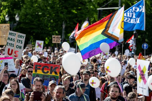 11 May 2025, Berlin: People take part in a rally at the Brandenburg Gate as part of the nationwide day of action "No more excuses - ban the AfD now!", called by the alliance "Together against the right". Photo: Fabian Sommer/dpa