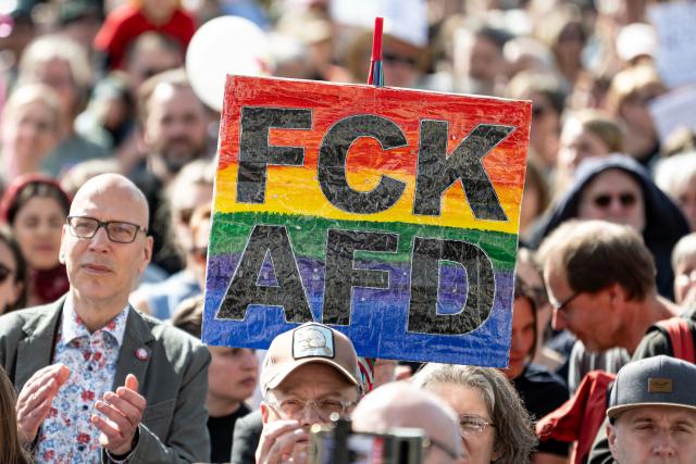 11 May 2025, Berlin: A person holds a sign reading "Fck AfD" during a rally at the Brandenburg Gate as part of the nationwide day of action "No more excuses - ban the AfD now!", called by the alliance "Together against the right". Photo: Fabian Sommer/dpa