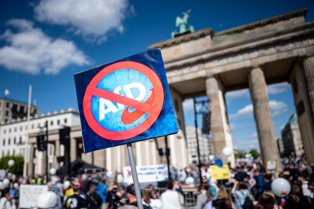 11 May 2025, Berlin: A person holds a sign with a crossed-out AfD logo during a rally at the Brandenburg Gate as part of the nationwide day of action "No more excuses - ban the AfD now!", called by the alliance "Together against the right". Photo: Fabian Sommer/dpa