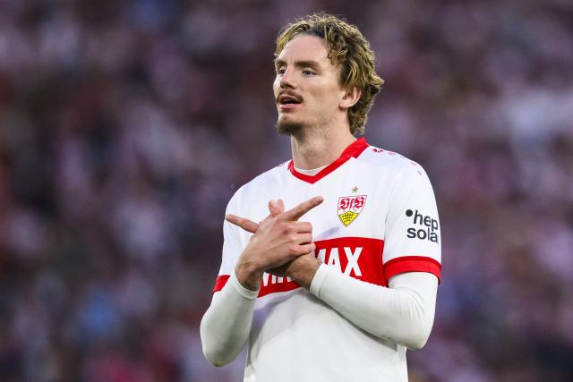 11 May 2025, Baden-Wuerttemberg, Stuttgart: Stuttgart's Nick Woltemade celebrates scoring his side's second goal during the German Bundesliga soccer match between VfB Stuttgart and FC Augsburg at MHPArena. Photo: Tom Weller/dpa - WICHTIGER HINWEIS: Gemäß den Vorgaben der DFL Deutsche Fußball Liga bzw. des DFB Deutscher Fußball-Bund ist es untersagt, in dem Stadion und/oder vom Spiel angefertigte Fotoaufnahmen in Form von Sequenzbildern und/oder videoähnlichen Fotostrecken zu verwerten bzw. verwerten zu lassen.