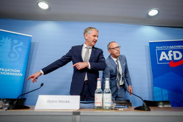 12 May 2025, Berlin: Bjoern Hoecke (L), parliamentary group and state chairman of the Alternative for Germany (AfD) Thuringia, and Joerg Urban, parliamentary group and state chairman of the AfD Saxony, present a legal opinion on the subject of the observation of the Office for the Protection of the Constitution at a press conference. Photo: Kay Nietfeld/dpa