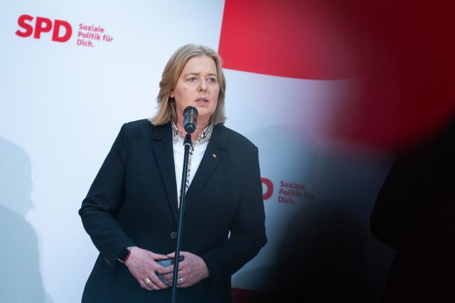 12 May 2025, Berlin: Baerbel Bas, German Minister of Labor, speaks at a press conference. Bas is to become the new co-leader of the SPD. Photo: Christophe Gateau/dpa