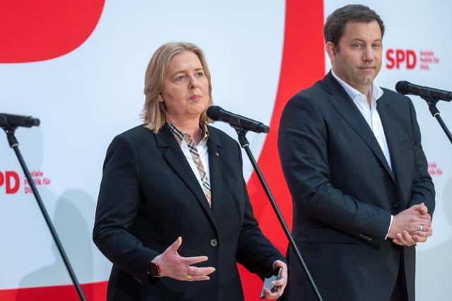 12 May 2025, Berlin: Baerbel Bas, German Minister of Labor, speaks at a press conference next to Lars Klingbeil German Minister of Finance and Vice-Chancellor. Bas is to become the new co-leader of the Social Democratic Party of Germany (SPD). Photo: Christophe Gateau/dpa