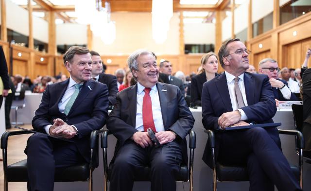 13 May 2025, Berlin: (L-R) Johann Wadephul, German Foreign Minister, Antonio Guterres, UN Secretary-General, and Boris Pistorius, German Defence Minister, attend the opening of the UN Peacekeeping Ministerial 2025, bringing together over 130 countries to discuss the future of peacekeeping missions. Photo: Hannes P Albert/dpa