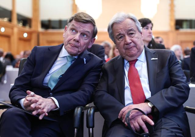 13 May 2025, Berlin: Johann Wadephul (L), German Foreign Minister, and Antonio Guterres (R), UN Secretary-General, at the opening of the UN Peacekeeping Ministerial 2025 in Berlin. The conference, organized by the Federal Foreign Office and the Ministry of Defence, gathers representatives from over 130 countries to discuss the future of UN peacekeeping missions. Photo: Hannes P Albert/dpa