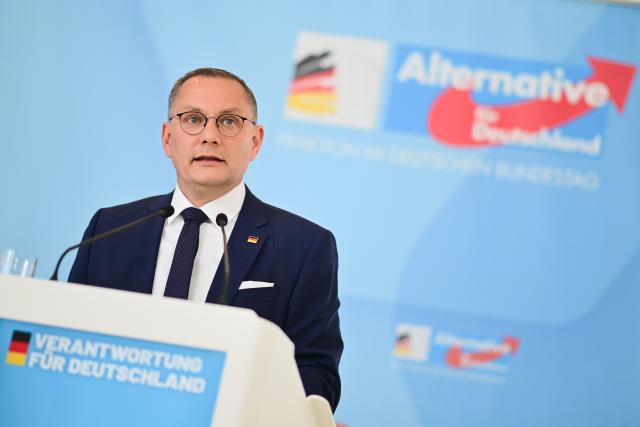 13 May 2025, Berlin: Tino Chrupalla, leader of the Alternative for Germany (AfD) parliamentary group in the German Bundestag, speaks to the media ahead of parliamentary group meetings. Photo: Sebastian Christoph Gollnow/dpa