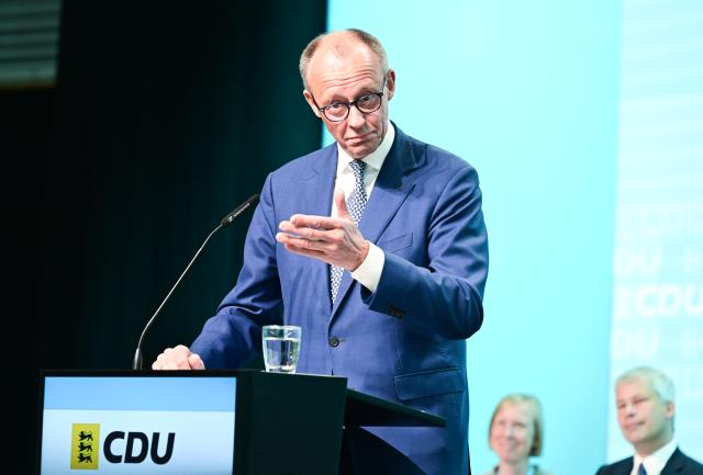 17 May 2025, Baden-Württemberg, Stuttgart: German Chancellor Friedrich Merz speaks at the state party conference of the Christian Democratic Union of Germany (CDU) Baden-Wuerttemberg. Photo: Bernd Weißbrod/dpa