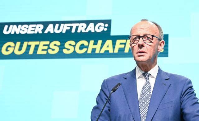 17 May 2025, Baden-Württemberg, Stuttgart: German Chancellor Friedrich Merz speaks at the state party conference of the Christian Democratic Union of Germany (CDU) Baden-Wuerttemberg. Photo: Bernd Weißbrod/dpa