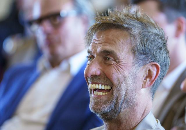 22 May 2025, Hesse, Wiesbaden: Global Head of Soccer at Red Bull Juergen Klopp watches a speech about his farewell as coach at Liverpool FC during the award ceremony. The coaching legend was presented with the special "Fair Play Prize of German Sport 2024" award. Photo: Andreas Arnold/dpa