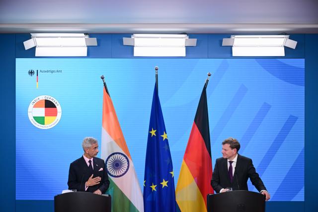 23 May 2025, Berlin: German Foreign Minister Johann Wadephul and India's Foreign Minister Subrahmanyam Jaishankar, hold a joint press conference at the Federal Foreign Office in Berlin. Photo: Sebastian Christoph Gollnow/dpa