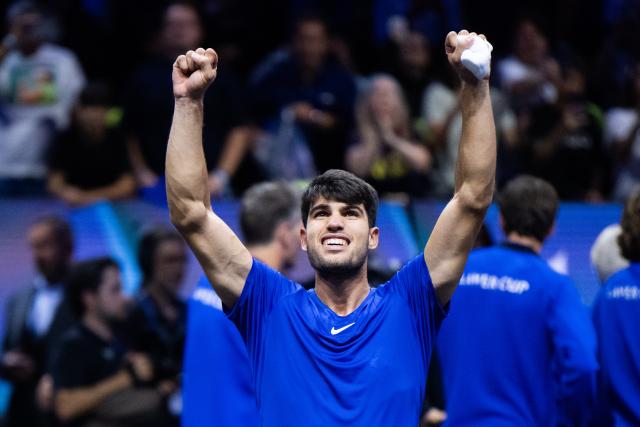 FILED - 22 September 2024, Berlin: Spanish tennis player Carlos Alcaraz of Team Europe celebrates defeating US' Taylor Fritz of Team World and win the Laver Cup tennis tournament for Tem Europe at Uber Arena. Alcaraz brought football and fun to the French Open as he kept his title defence on track against tricky Hungarian Fabian Marozsan. Photo: Christophe Gateau/dpa