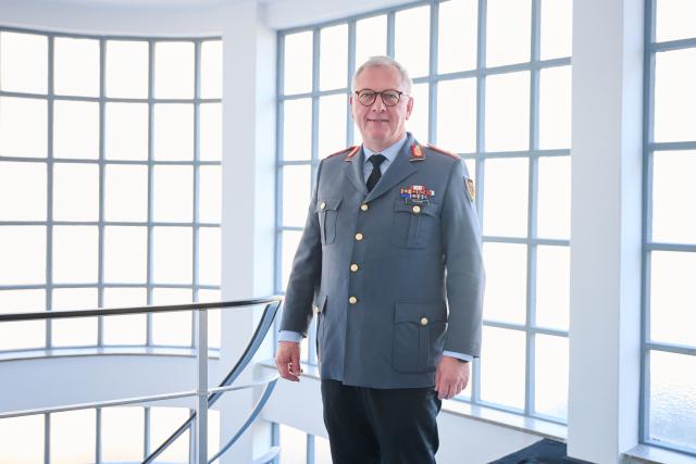 FILED - 11 February 2024, Berlin: Andreas Henne, Major General and future commander of the Homeland Security Division, stands in the Julius Leber barracks after an interview with the German Press Agency. Photo: Annette Riedl/dpa