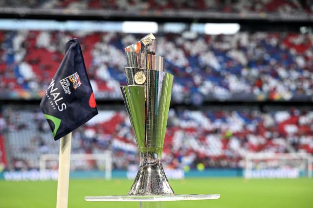 04 June 2025, Bavaria, Munich: The UEFA Nations League trophy is on display ahead of the UEFA Nations League semi final soccer match between Germany and Portugal at Allianz Arena. Photo: Federico Gambarini/dpa