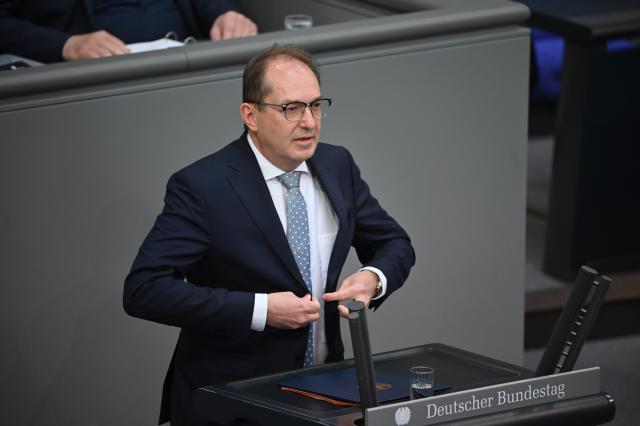 06 June 2025, Berlin: Alexander Dobrindt, German Minister of the Interior, stands at the lectern in the plenary chamber of the Bundestag before his speech. Photo: Katharina Kausche/dpa