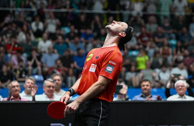 15 June 2025, Hesse, Frankfurt/Main: Table tennis legend Timo Boll from Borussia Duesseldorf reacts after losing the German Bundesliga Table Tennis final match between TTF Liebherr Ochsenhausen and Borussia Duesseldorf in the Suewag Energie Arena. Photo: Arne Dedert/dpa