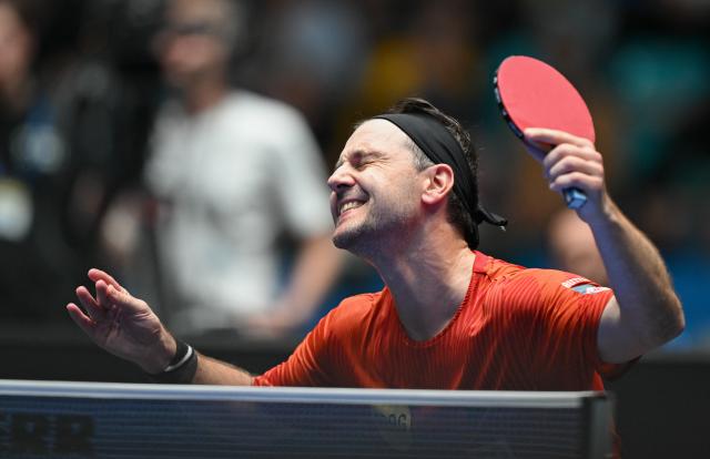 15 June 2025, Hesse, Frankfurt/Main: Table tennis legend Timo Boll from Borussia Duesseldorf reacts after losing the German Bundesliga Table Tennis final match between TTF Liebherr Ochsenhausen and Borussia Duesseldorf in the Suewag Energie Arena. Photo: Arne Dedert/dpa