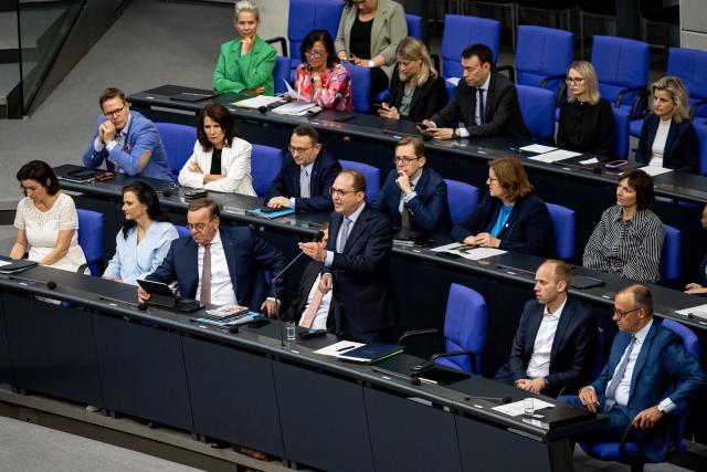 27 June 2025, Berlin: Alexander Dobrindt (C), German Minister of the Interior, attends the session of the Bundestag. Topics of the session include a vote on the suspension of family reunification and the first reading of a draft bill to amend the naturalization law. Photo: Fabian Sommer/dpa